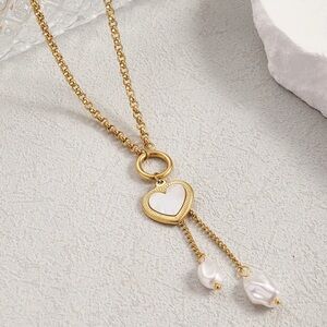Heart Drop Necklace with Natural Pearls | Gold Plated Stainless Steel